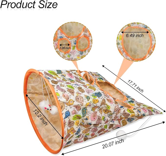 Andiker Cat Tunnel Bags for Indoor Cats, 13x17x12In Foldable Cat Crinkle Bag with 3 White Plush Balls and 1 Mouse 5 Holes for Kitten to Hide and Catch 3 Layers Cat Toy (Bird)