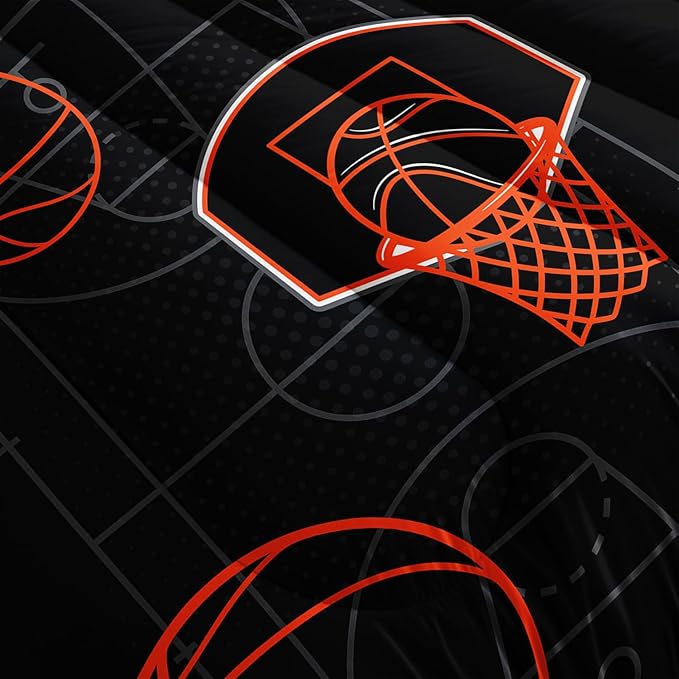 Basketball Court Print Twin Comforter Set for Boys,Ball Sports Games Bedding Set for Teens Kids Bedroom Decor,Orange Basketball Comforter Sets with 2 Pillowcases.