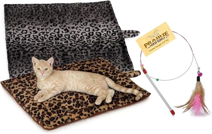 Prairie Horse Supply Quality Thermal Cat Mat and Free Cat Toy (Grey Leopard) (1 Mat) Cozy Self Heating Warming Kitty Kitten Puppy Small Dog Bed, Reversible Washable Pad, No Electricity