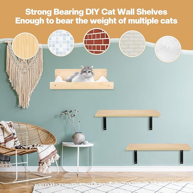16" x 8" 2 Pcs Large Cat Wall Shelves with 16" x 14" Cat Hammock and Cat Scratching Mat Cat Wall Furniture Set Cat Climbing Shelf for 16 Inch Drywall, Suitable for Sleep, Climb, Play, Nap