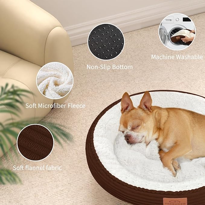 30in Round Cat Dog Bed for Large Medium Small Dogs Cats, Machine Washable Sleeping Sofa, Non-Slip Bottom Breathable Soft Calming Pet Cuddler for Indoor/Outdoor/Car/Cage, Brown