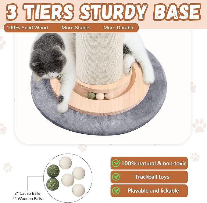 OTOB 33" Tall Cat Scratching Post, 4.3Inch Large Diameter Natural Sisal Rope Scratcher Post, 5-in-1 Interactive Turntable Cat Scratch Post with Soft Hanging Ball Toys for Indoor Large Cats