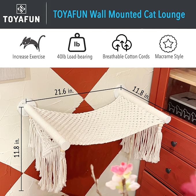 Cat Wall Shelves and Perches for Indoor Cats, Comfy Macrame Cat Wall Hammock, Sturdy Wall Mounted Cat Beds, Solid Metal Frame Cat Wall Furniture for Sleeping, Playing, Climbing, and Lounging