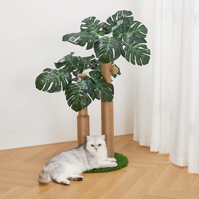 29.7inch Cat Scratching Post,Cat Scratcher Cat Tree with 2 Sisal Scratching Poles & 2 Interactive Dangling Balls,Cats Scratching Posts for Indoor Kitten & Adult Cats (2 Posts Monstera Tree)