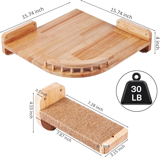 Cat Wall Shelves, Corner Cat Shelf with 3 Cat Wall Steps, Cat Shelves for Wall Large Cats Set, Cat Wall Bed with Plush Covered, Wall Mounted Cat Climbing Shelf for Indoor Cats (RubberWood)