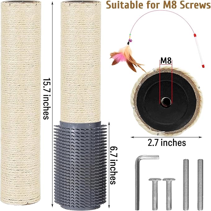 Cat Scratching Post Replacement Pole Refill 16in M8 Cats Tower Replacement Parts with Self Groomer Massager Spare Jute Kitty Tree Refurbishment Accessories for Indoor Kittens (Gray)