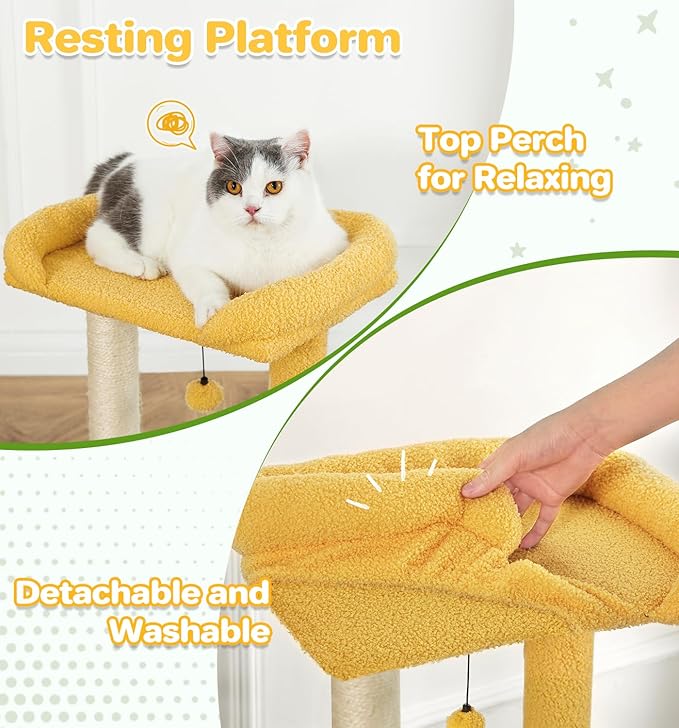 Made4Pets Small Cat Tree Tower, Cat Scratching Post 4-in-1 with Cat Self Groomer Brush, 20" Tall Natural Sisal Cat Scratcher, Soft Plush Cat Perch Bed with Dangling Ball for Indoor Kittens, Green