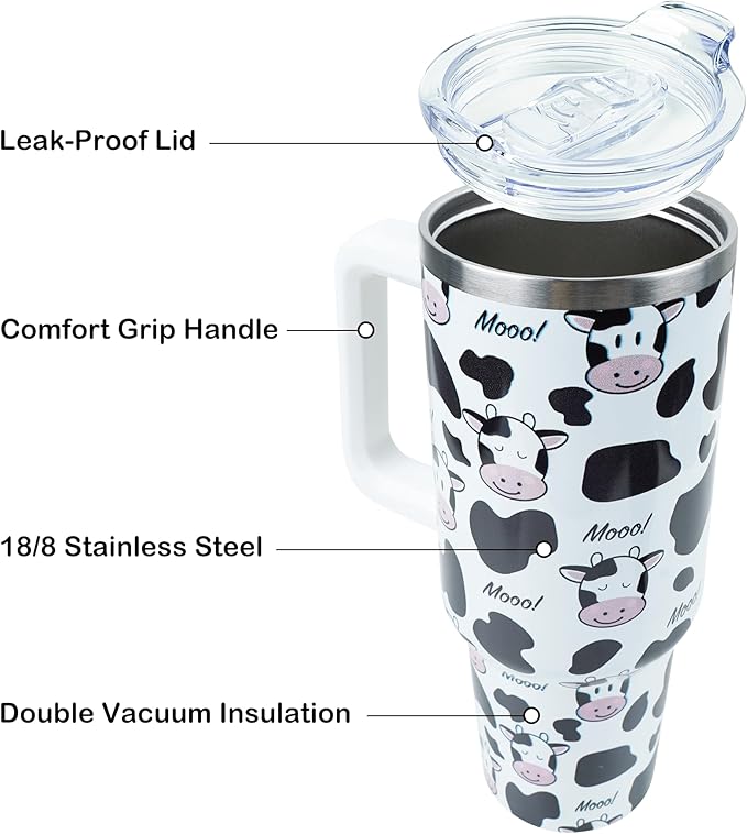 40 oz Tumbler with Handle and Straw, Stainless Steel Insulated Cup with Leak Proof Lid and Straw Lid, Keep Drinks Cold and Hot for Hours（Cow）