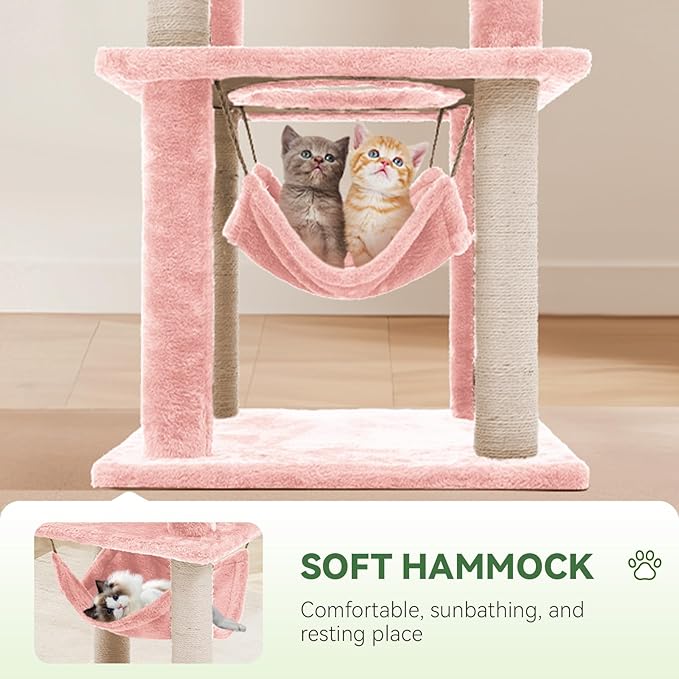 61" Large Cat Tree Tower for Indoor Cats with DIY Green Leaves Scratching Post Multi Soft Hang Ball Plush Cat House Furniture 360° Rotating Cat Scratch Board with Hammock, Square Pink