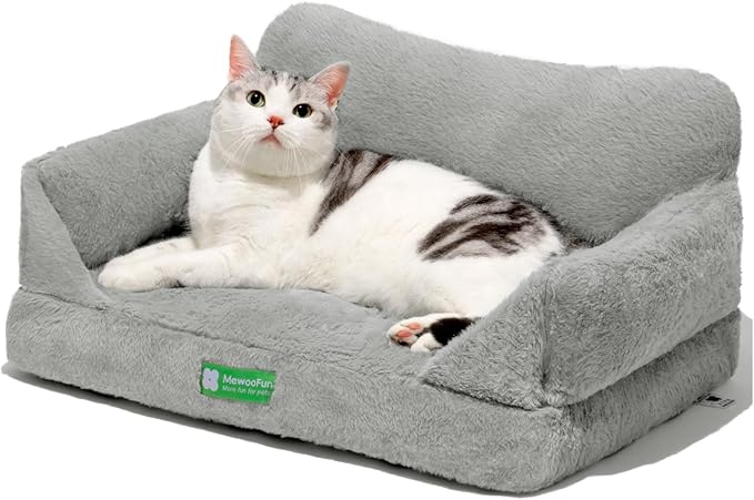 MEWOOFUN Cat Couch Bed for Indoor Cats, Fluffy Cat Sofa for Small Pets with Removable Washable Cover, Cute Cat Bed with Non-Slip Bottom, Cat Beds & Furniture for Small Pets(Grey,S)
