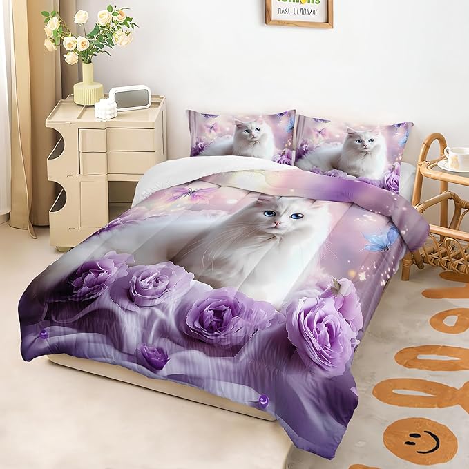 AILONEN Girls Cat Kitten Comforter Set Queen Size,Purple Rose Butterfly Cat Princess Kids Bedding Set,White Cat Comforter with 2 Pillowcases,Beautiful Cat Duvet Set 3 Pieces