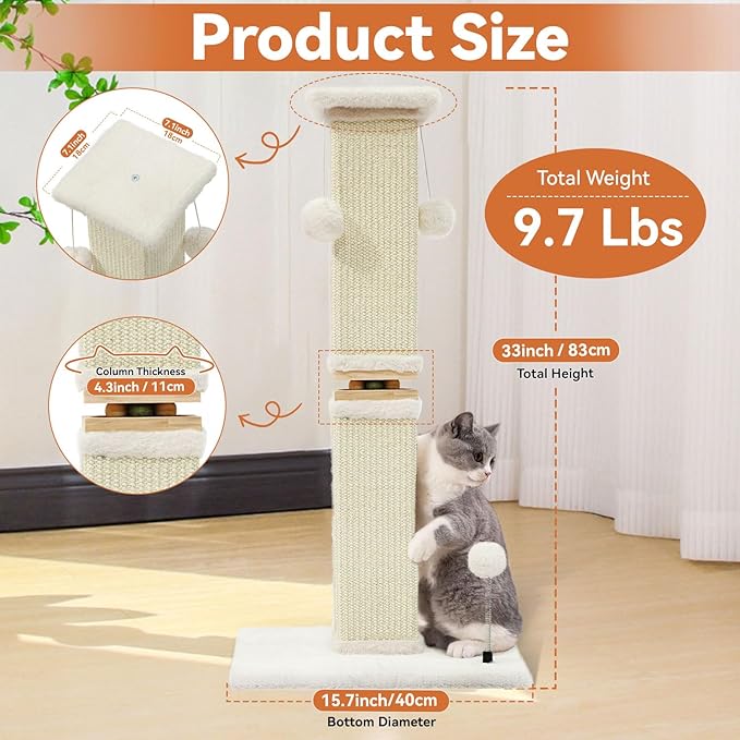 OTOB Cat Scratching Post 33 Inch, Nature Sisal Scratching Posts for Indoor Cats Adults Kitten, 6-in-1 Interactive Turntable Cat Scratch Post Protect Your Furniture, Large Cat Scratcher, Beige