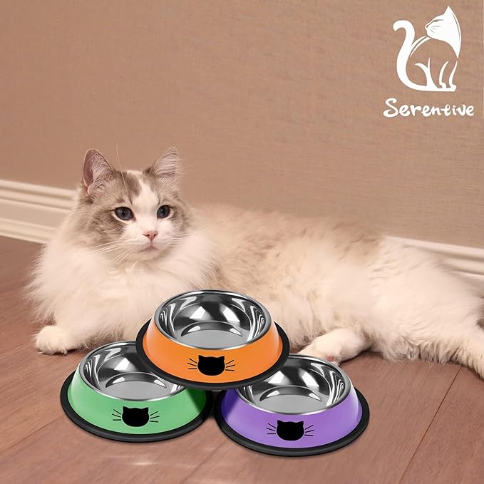 3 Pcs Non-Slip Stainless Steel Small Cat Food Bowls - Unbreakable, Thicken, 7 Oz, Suitable for Indoor Small Pets - Removable Rubber Base, Easily Clean, Lovely Color