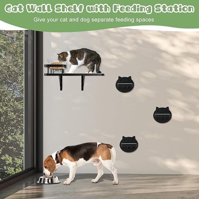 Cat Wall Shelves, Cat Shelves and Perches for Wall, Cat Shelves Wall Mount, Cat Wall Furniture with 3 Cat Wall Steps, Cat Climbing Shelf Cat Scratch Post, Cat Wall Shelf with 2 Cat Food Shelf