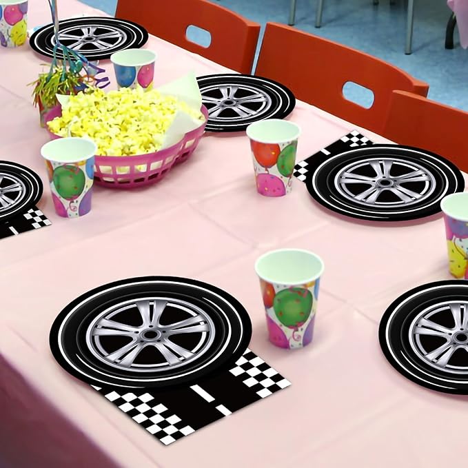 96 Pcs Race Car Party Plates and Napkins Sets, Racing Car Race Track Party Supplies Disposable Tableware Decorations Racing Wheel Sports Themed Dinnerware for Boys/Kids Birthday Party, Serves 24