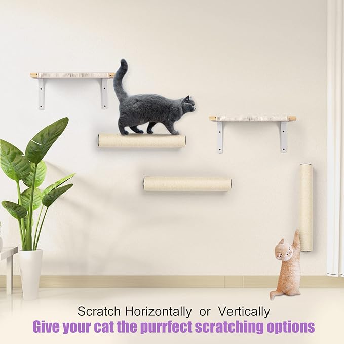 Wall Mounted Cat Scratching Post for Indoor Cats | Kitten Wall Shelves Climbing Furniture| Sisal Rope Cat Claw Scratcher Tree | Solid Wooden Walkway for Cage Mounted Climbing Relaxing