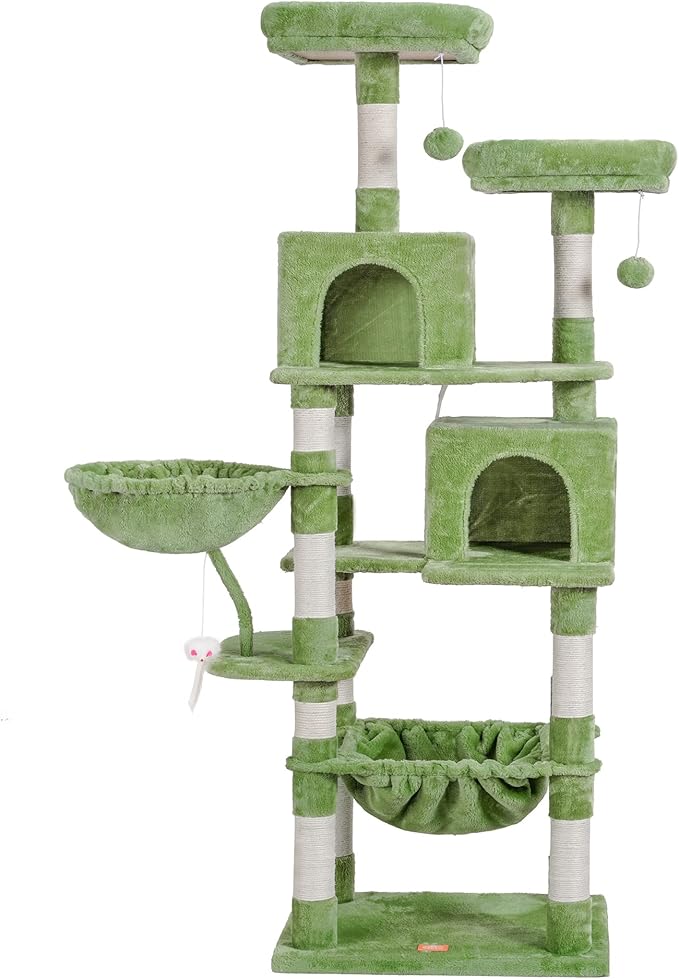 Heybly Cat Tree, 70 inches Tall Cat Tower condo with Toy for Indoor Large Cats, Cat House Furniture with Padded Plush Perch，Cozy Hammock and Sisal Scratching Posts,Green HCT032GR
