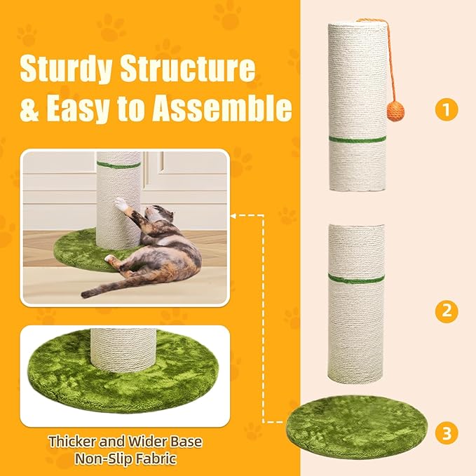 Nekosan Cat Scratching Post, 32 Inch Tall Scratching Post for Indoor Cats, 5.5 Inch Large Sisal Cat Scratcher Post, Cute Cat Scratcher with Interactive Cat Ball Toy, Protect Your Furniture, Beige
