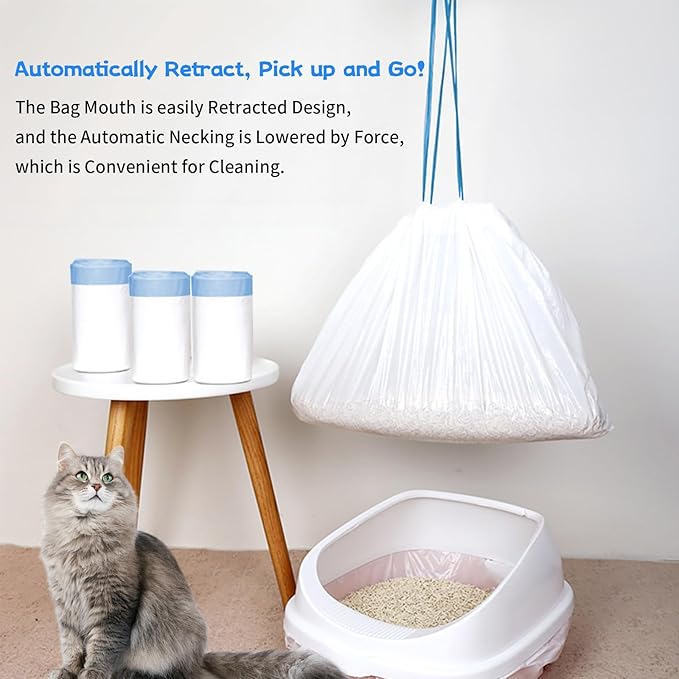 60 Count Small Cat Litter Box Liners, Heavy Duty Cat Litter Bags, Extra Thick Litter Pan Liners with Drawstring for Pet Cat Litter Tray (Blue, 26.4" x 15.8")