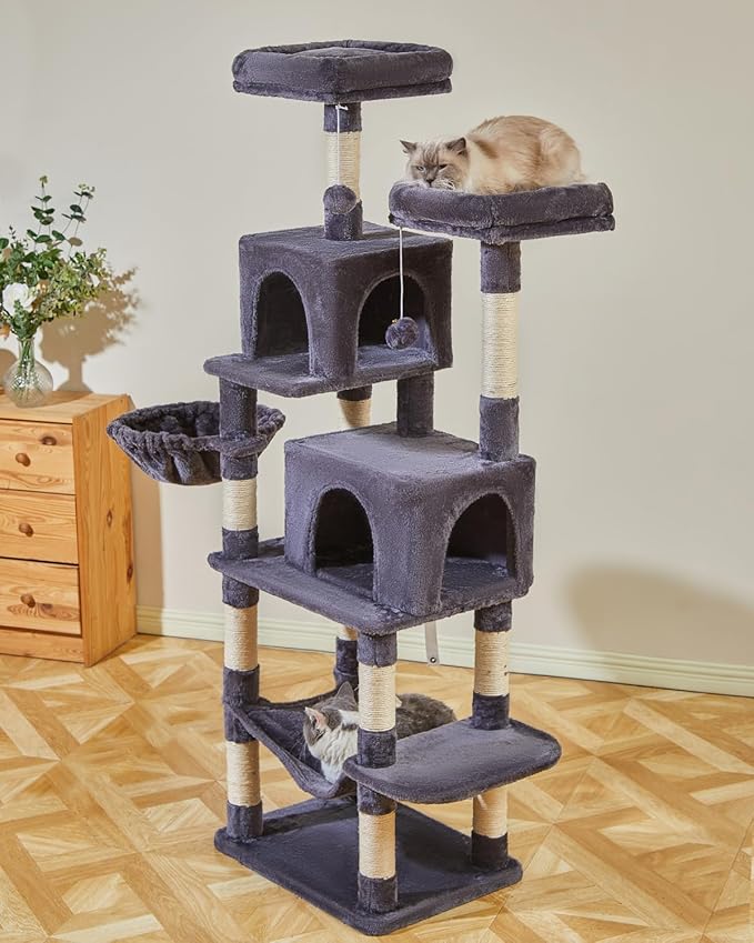 Taoqimiao Cat Tree, 66.2-Inch Cat Tower for Indoor Cats, Plush Multi-Level Cat Condo with 12 Scratching Posts, 2 Perches, 2 Caves, Hammock, 2 Pompoms, Smoky Gray MS013G