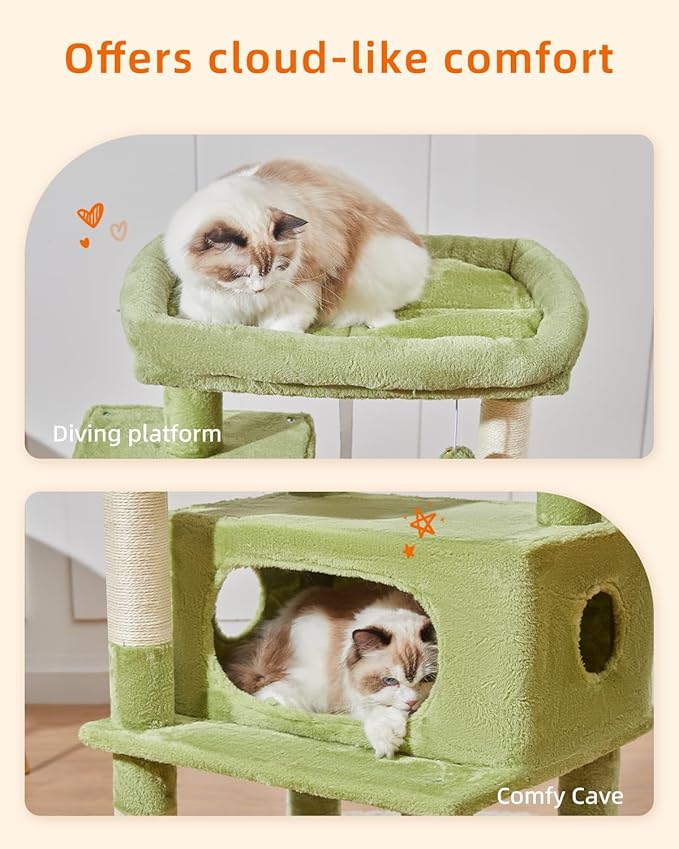 Taoqimiao Cat Tree,48.8-Inch Cat Tower for Indoor Cats,2 Luxurious cat condo with Adjustable Large Hanging Baskets and Large Luxurious Perch Green MS029LGR