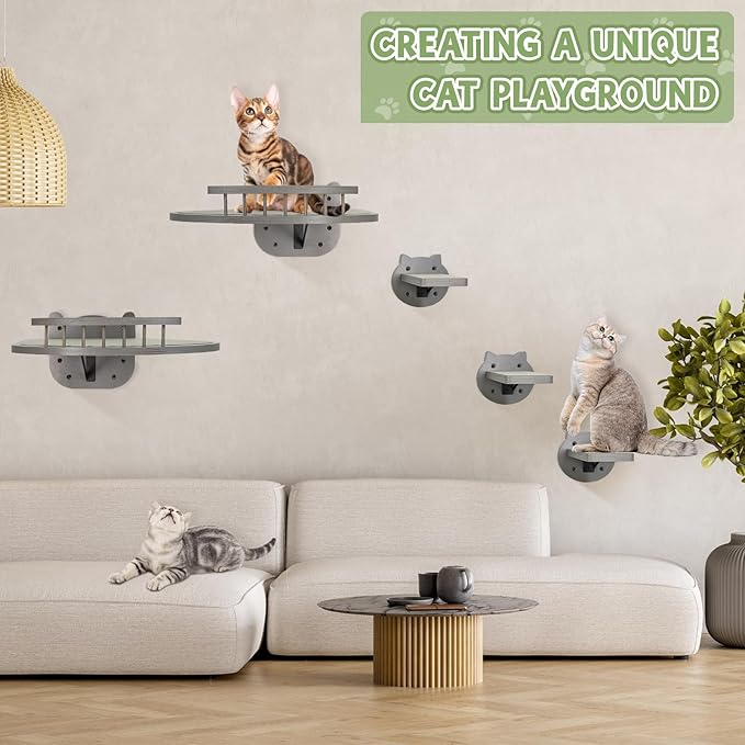 Y&ME YM Cat Wall Shelves, Cat Shelves and Perches for Wall, Wood Cat Wall Furniture with 3 Cat Wall Steps Cat Scratch Post, Indoor Cat Climbing Shelf (Gray)