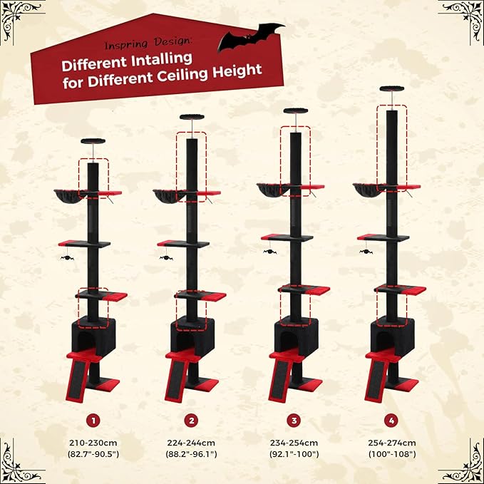 PETEPELA Floor to Ceiling Cat Tree, Gothic Cat Tower 5 Tiers Tall (83-108 Inches) Adjustable Height, Cat Climbing Tree Featuring with Cat Condo, Cat Scratching Post Cat Perches for Indoor Cats, Black