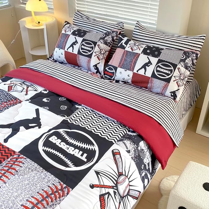 7 Piece Baseball Comforter Set Bed in A Bag Full Size 3D Softball Sports Bedding Set for Boys Kids Microfiber Comforter All Season (1 Comforter, 1 Flat Sheet, 1 Fitted Sheet, 4 Pillowcase)