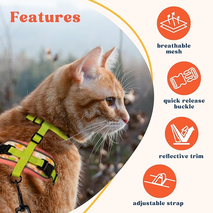 Cat Harness and Leash Set for Walking, Escape Proof Vest Harnesses for Cats, Breathable Mesh with Reflective Strips - (Tropical Paradise), XX-Small