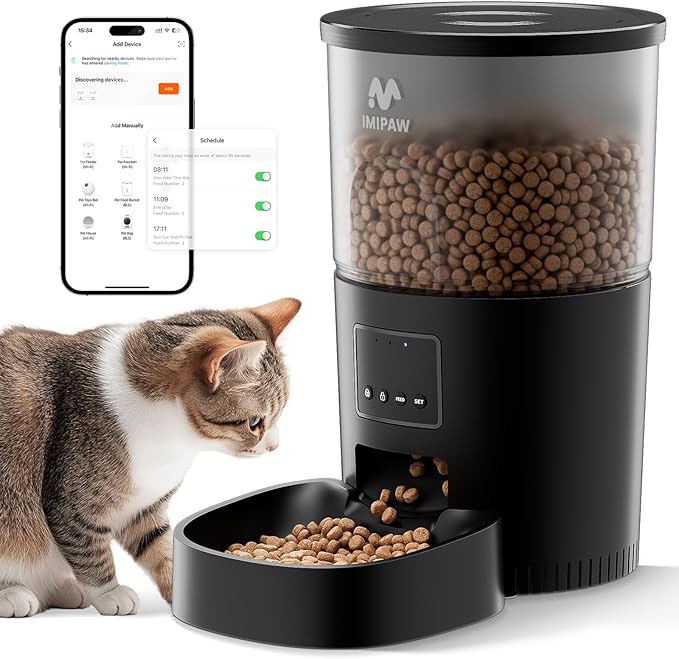 Automatic Cat Food Dispenser, WiFi Cat Feeder with APP Remote Control for Dry Pet Food, Programmable Timer, Dual Power Supply, Slow Feeder for Cats & Small Dogs