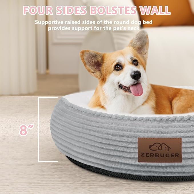 30in Round Cat Dog Bed for Large Medium Small Dogs Cats, Machine Washable Sleeping Sofa, Non-Slip Bottom Breathable Soft Calming Pet Cuddler for Indoor/Outdoor/Car/Cage, Light Grey