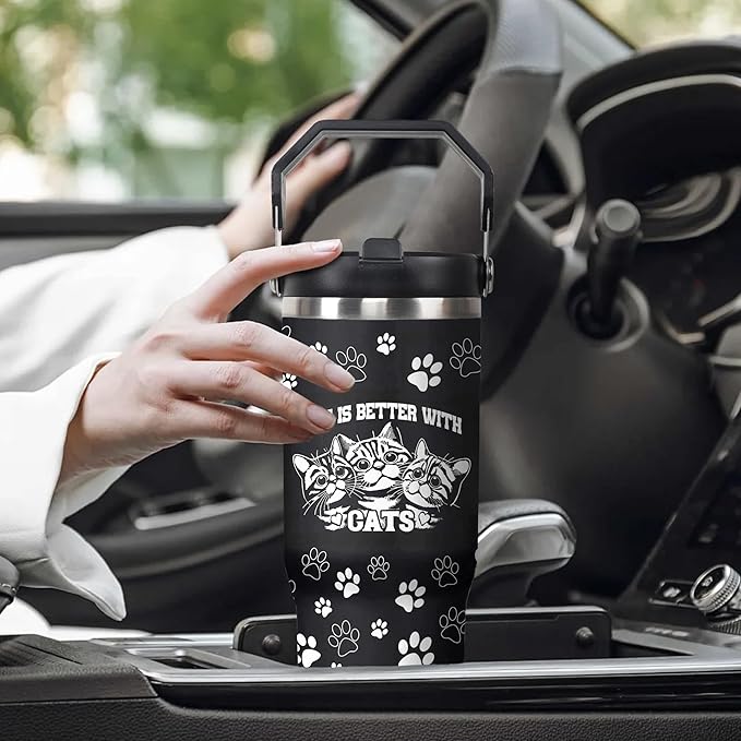30 Oz Black Cat Tumbler with Handle and Straw, Insulated Cat Mugs for Cat Lovers, Double Wall Stainless Steel Black Cat Mug, Cat Mom Mug or Cat Dad Mug and Cat Cups Gifts for Cat Lovers for Women