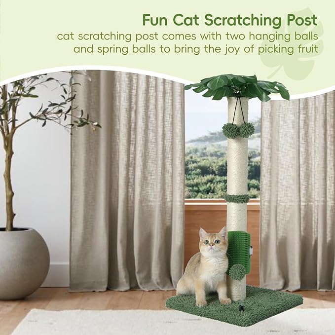 MECOOL Cat Scartching Post，30-inch Cute Scartching Posts for Indoor Cats and Kittens,Natural Sisal Rope and Hanging Ball Toy, Self-Grooming Brush,Green