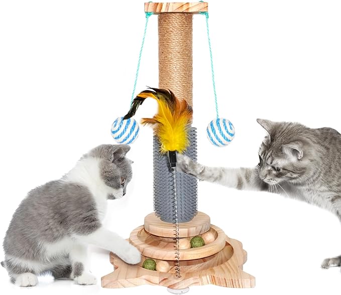 Cat Scratching Post, 6 in 1 Cat Scratcher for Indoor Cat, 18.11" Tall Cat Climbing Pole with Removable Cat Teaser, Interactive Cat Toy with Two Sisal Balls, Natural Sisal, Wood Base