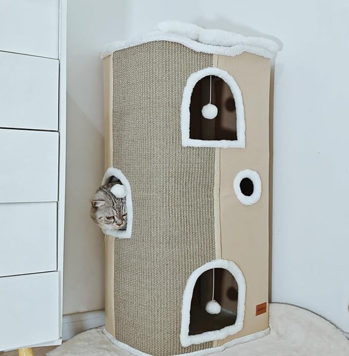 4-Level Cat House for Indoor Cats, Large Adult Cat Peekaboo Cave Bed Cats Cube Houses with Scratch Pad Cat Towers Cute Kitten Condo Hideaway Hut for Multi Pets Under 55 lbs Beige