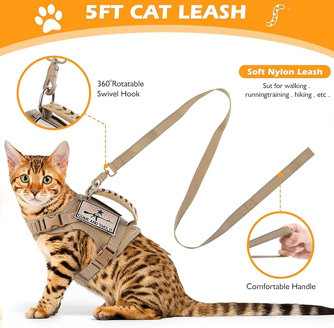 Tactical Cat Harness and Leash Set for Walking Escape Proof, Adjustable Large Cat Vest Harness with Molle Patches, Soft Mesh Padding, Rubber Handle Easy to Control Khaki