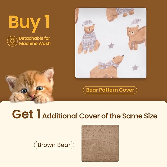 Bearhug Cat Heating Pad, Pet Heating Pad 18"×18"[Two Replaceable Cover] Adjustable Temperature Dog Heating Pad with Steel-Wrapped Cord, Waterproof and Chew-Resistant for Cats Puppies Small Animals