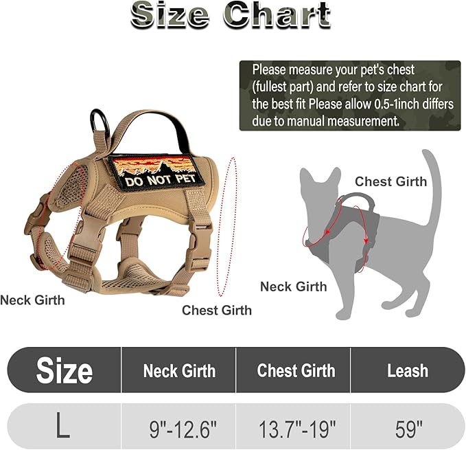 Tactical Cat Harness for Walking, Adjustable Escape Proof Pet Vest for Large Cat,Easy Control Breathable Cat Vest with Handle，Molle Patches (Khaki, L)