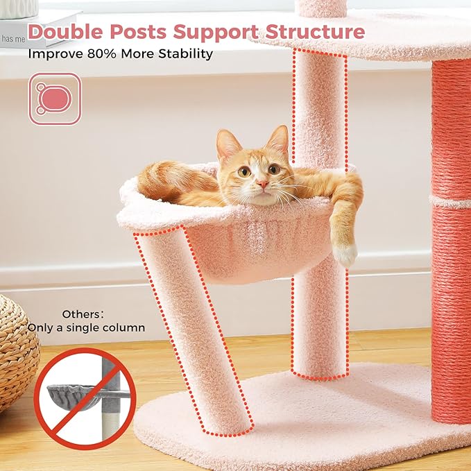PETEPELA 34.2'' Cat Scracthcing Post, Tall Cat Scratcher with Large Cat Hammock [Dia=30CM], Flamingos Natural Sisal Cat Scratch Post, Pink Small Cat Tree Tower for Indoor Cats&Kittens