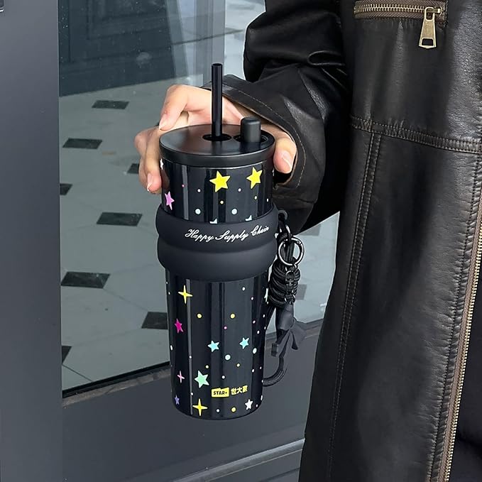 24 oz Cute Portable Travel Tumbler Stainless Steel with Lid and Straw, Sidagar Leak Proof Coffee Mug for Hot and Cold, Reusable Thermal Coffee Cup for Women, Leak Proof Water Bottle, Black Star