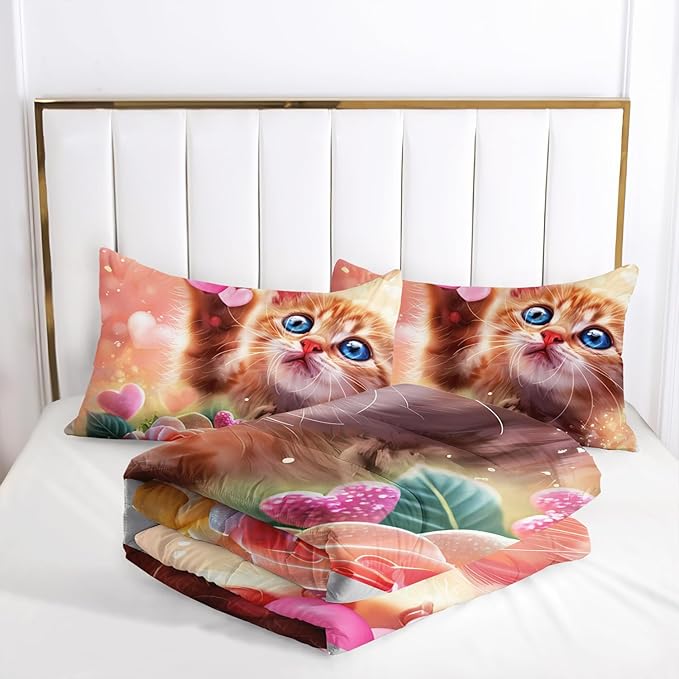 AILONEN Cat Comforter Set Full Size,Watercolor Cat Bedding for Girls, Cute Cartoon Kitten Bedding Pink Flower Cat Twin Comforter Sets for Kids,1 Comforter+ 2 Pillowcase-3 Pieces