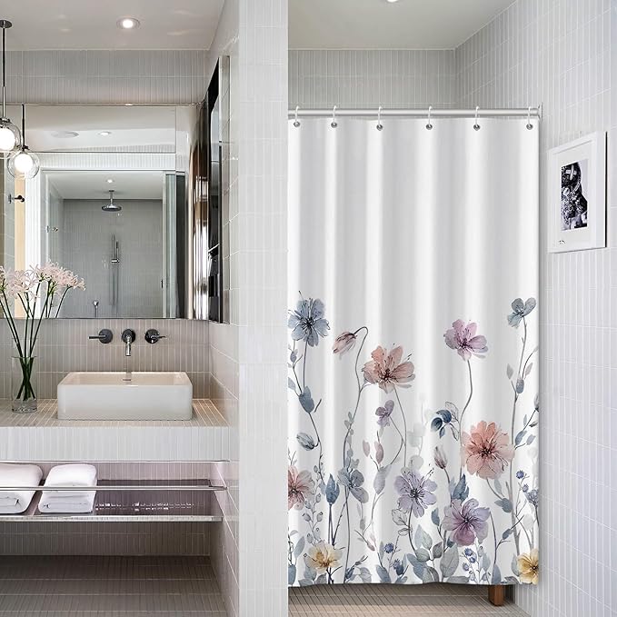 AWERT Wildflower Stall Shower Curtain for Bathroom Watercolor Floral Half Size Shower Curtain with Hooks Waterproof Flower Printing Fabric Bathroom 36x72inch