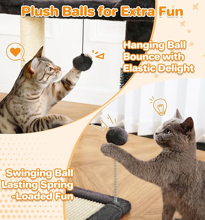 Made4Pets Small Cat Tree Tower, Cat Scratching Post 4-in-1 with Cat Self Groomer Brush, 20" Tall Natural Sisal Cat Scratcher, Soft Plush Cat Perch Bed with Dangling Ball for Indoor Kittens, Dark Grey