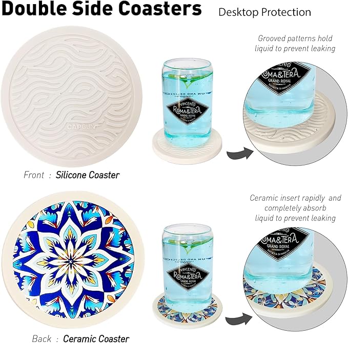 6-Pack Silicone Coasters with Deep Tray Holder - Double-Sided Drink Coasters - Beverage Mats for Hot or Cold Drinks - Thick, Non-Slip, Non-Stick Silicone with Ceramic Insert