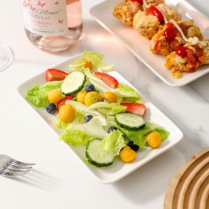 8 Inch Rectangular Appetizer Plates, Ceramic Dessert Plates, Salad Plates Set, Small White Serving Plates for Salad, Appetizer, Snack, Sushi, Microwave, Oven, Dishwasher Safe, Set of 8