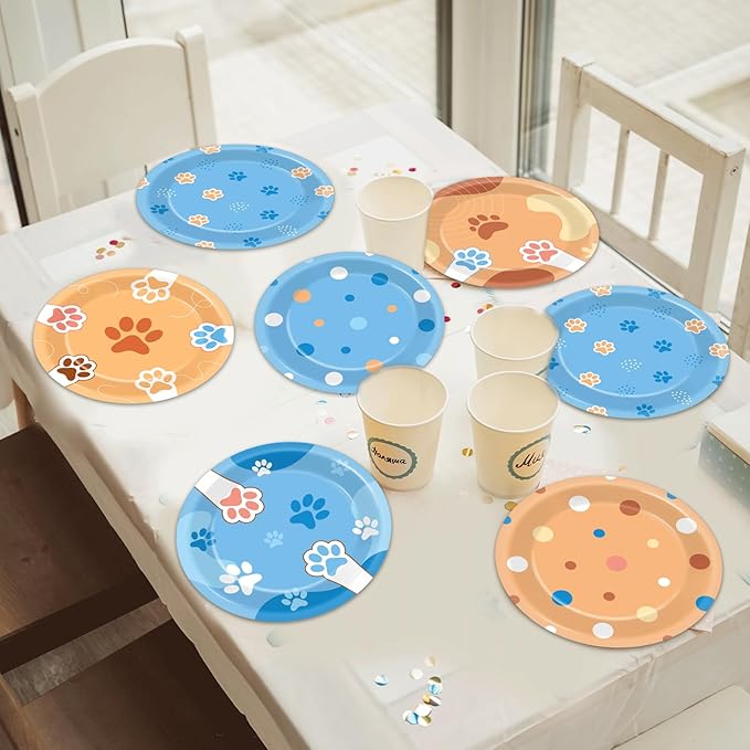 48Pcs 7" Blue Dog Birthday Party Paper Plates Puppy Party Supplies Blue Paw Dessert Tableware Set Paw Shaped Disposable Dinnerware Plates for Kids Girls Cartoon Birthday Decorations Party Favors