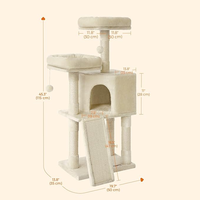 Feandrea Cat Tower, Cat Tree for Indoor Cats, 45.3-Inch Cat Condo with Scratching Post, Ramp, Perch, Spacious Cat Cave, for Kittens, Elderly Cats, Adult Cats, Small Space, Beige UPCT141M01
