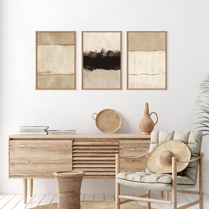Ausril Large Neutral Textured Framed Canvas Wall Art Set, Minimalist Beige Shapes Wall Decor, Abstract Grunge Landscape Wall Painting, Modern Textured Art Prints for Living Room, Bedroom 16"x24"x3