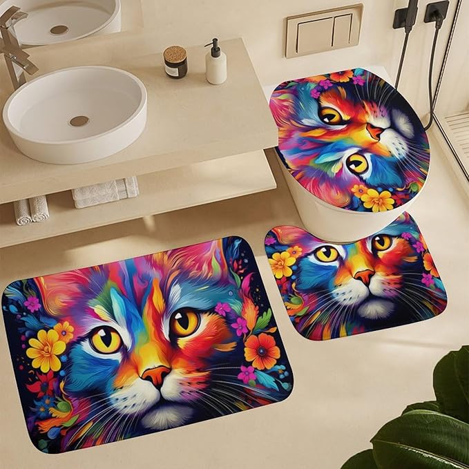4Pcs Cool Watercolor Cat Shower Curtain Sets with Non-Slip Rugs, Toilet Lid Cover and U Shape Bath Mat, Abstract Flower Animal Bathroom Sets Waterproof Shower Curtains with 12 Hooks