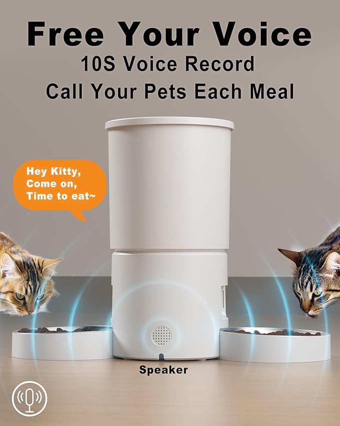 Automatic Cat Feeder for 2 Cats,4.2L Flexible Schedule,6 Meals/Day,1-12 Portions/Meal,Dual Power Auto Dual Pets Feeder Dry Food Dispenser,10S Voice Record(White,4.2L+Stainless Steel 2 Bowls)